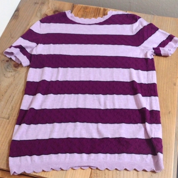 Purple Striped Short Sleeve Pullover Scalloped Hem Knit Sweater Fits M-L - Picture 3 of 12
